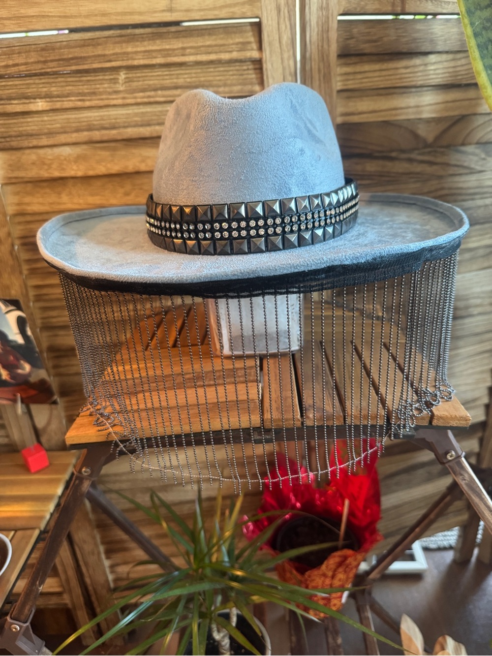 Vintage Blue Suede Hat with Studded Band & Fringe